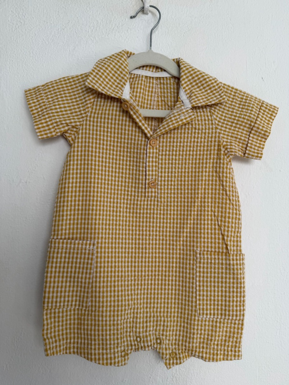 Mustard Gingham Short-Sleeve Baby Romper & hat